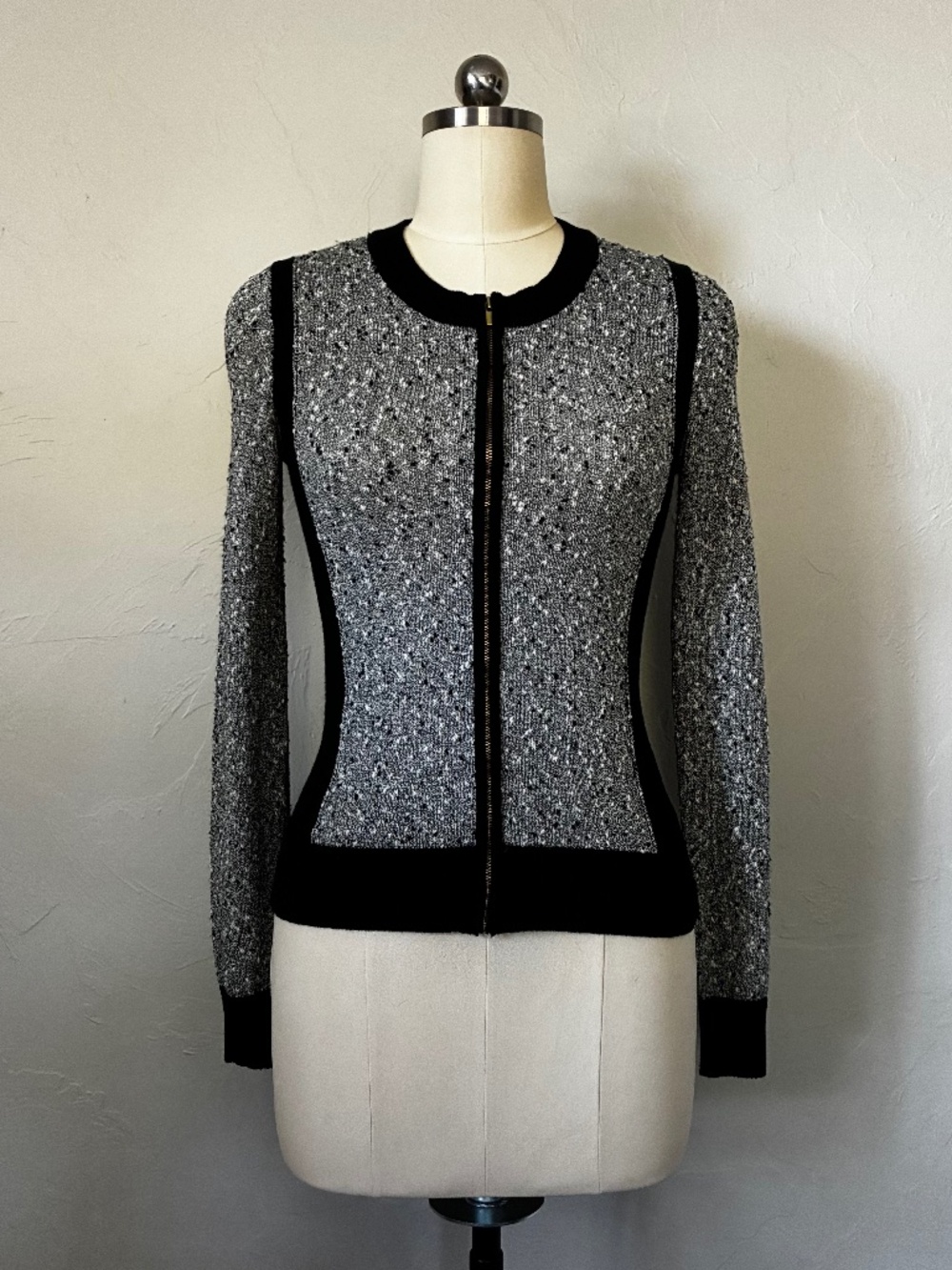 Banana Republic Black & White Tweed Knit Bomber Zip Up Cardigan XS